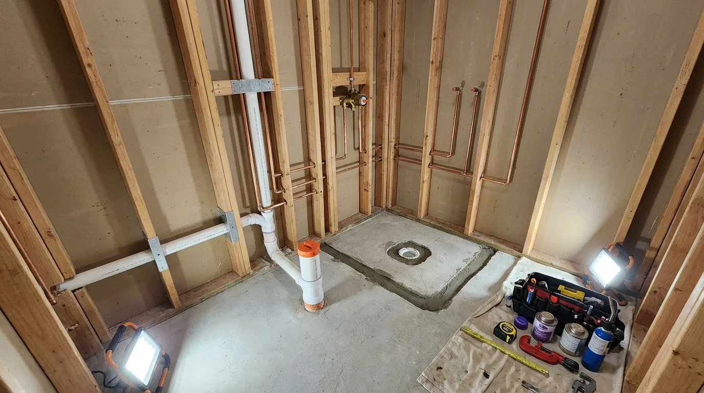 Bathroom rough-in plumbing during remodel by Johns Plumbing LLC in Nelsonville