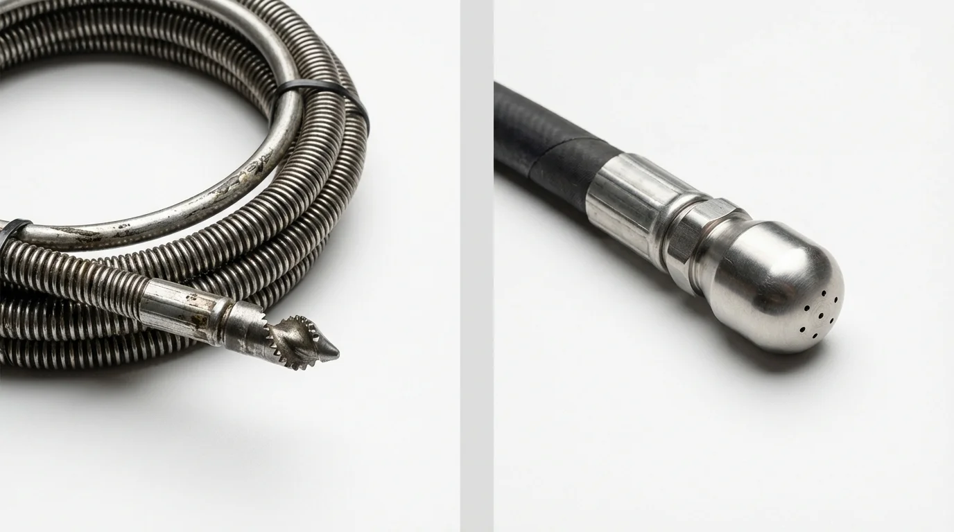 Drain snake cable and hydro jetting nozzle used for drain cleaning in Nelsonville, OH