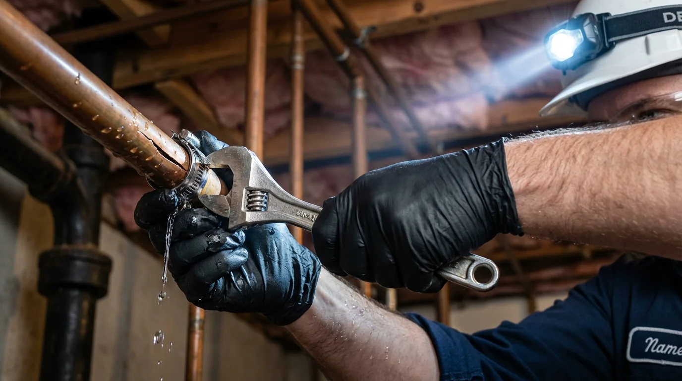 Emergency pipe clamp repair being performed by a Johns Plumbing LLC plumber in Nelsonville