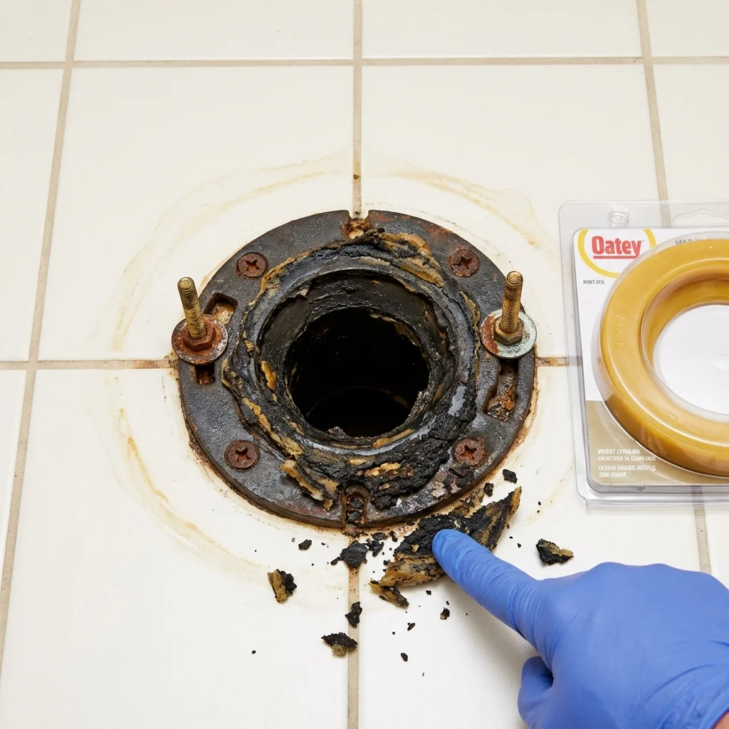 Failed wax ring showing water seepage at the base of a toilet in a Nelsonville, OH home