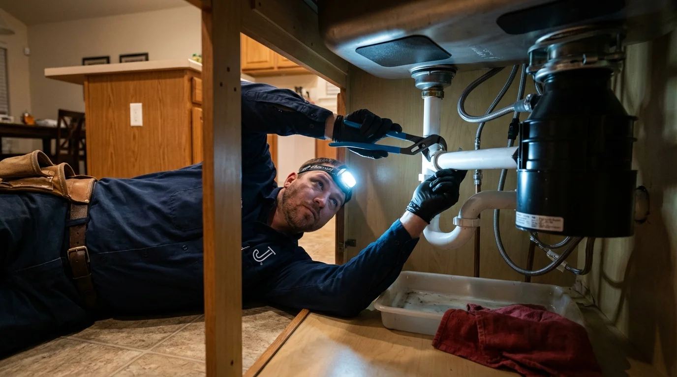 P-trap and supply line connections under a kitchen sink showing a common leak point in Nelsonville, OH